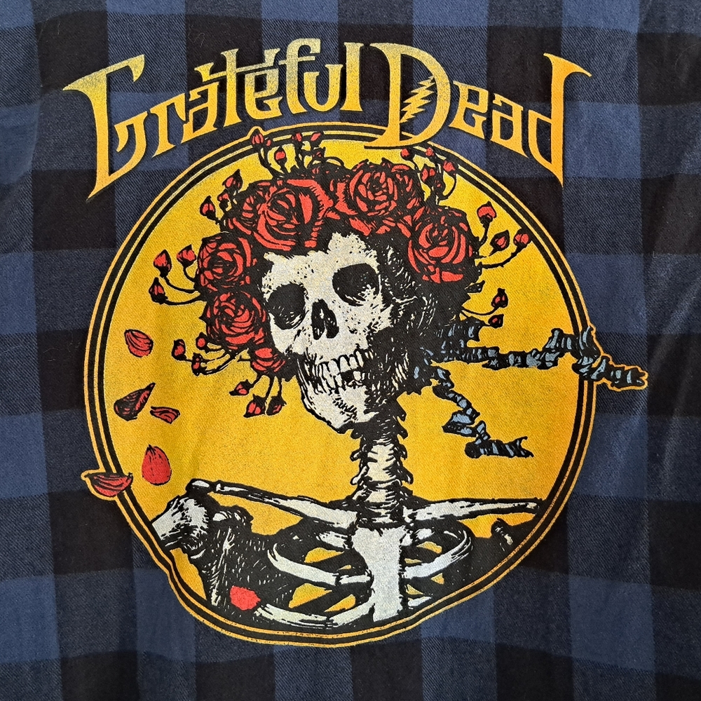 Grateful Dead Flannel Blue Buffalo Plaid XS Skull Roses Graphic - Picture 3 of 6